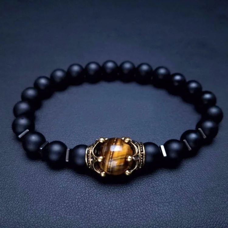 Wholesale Fashion Crown Natural Stone Beads Tiger eye Lava Lapis Charm Bracelets For Men Can be customized