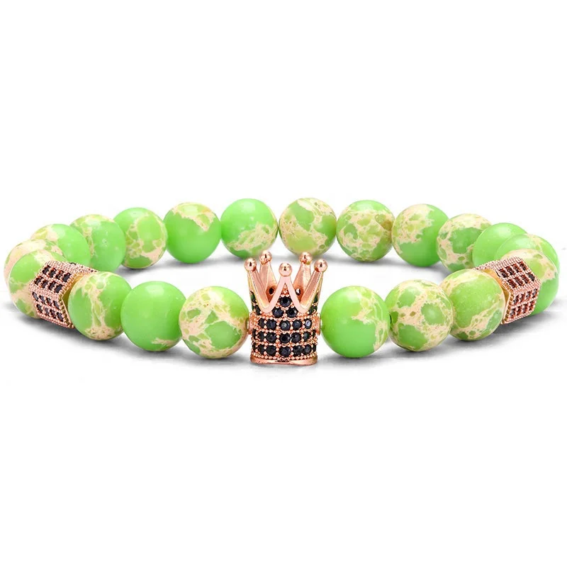Factory Sale Fashion Jewelry Silver Plated Brass Crown Bead Natural Stone Imperial Jasper Beaded Bracelets