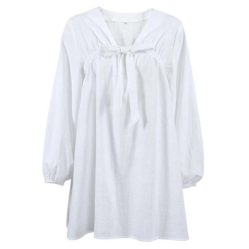 2024 summer new white short long sleeve pure cotton pajamas nightgown