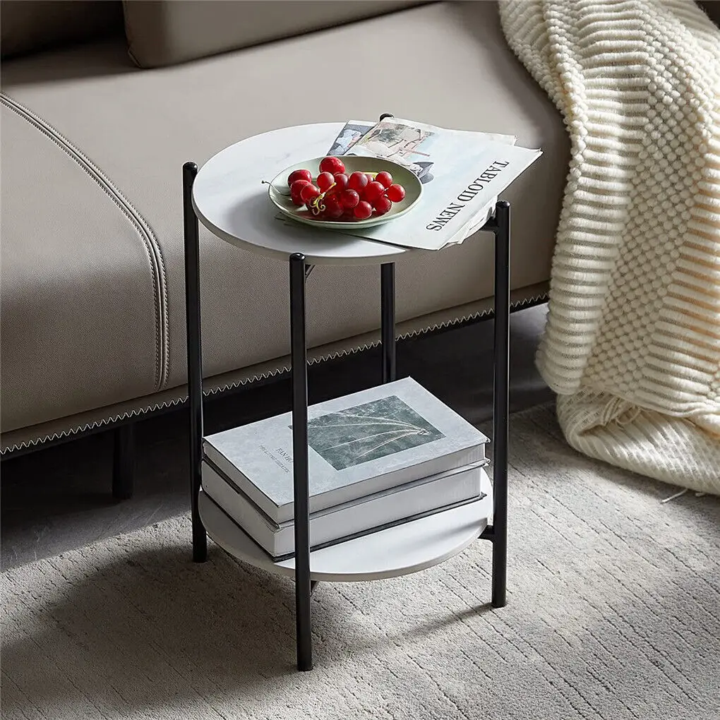 2-tier Round Sintered Stone Side Table Coffee End Table Metal Frame for Living Room Bedroom Decor