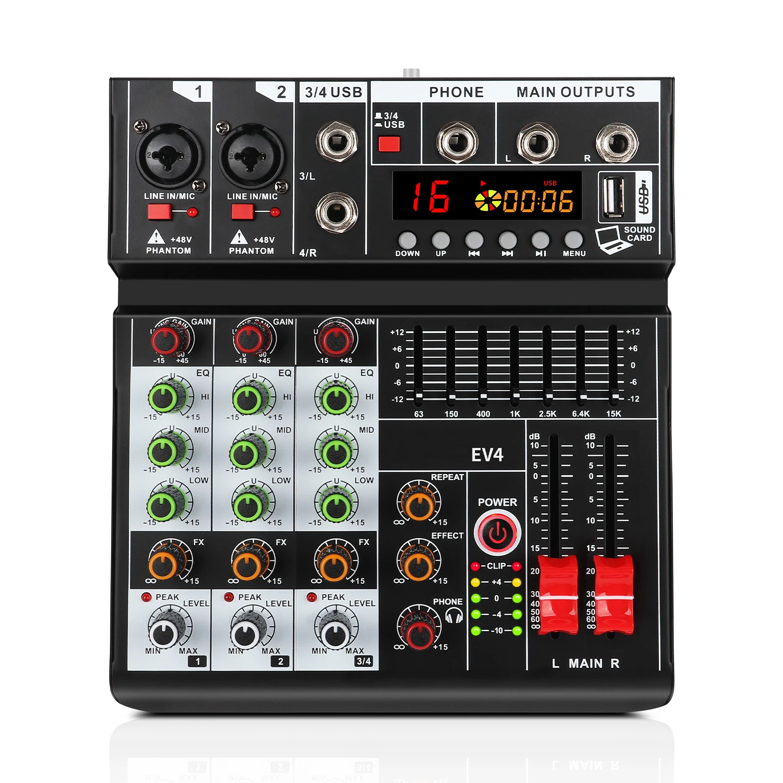 USB Interface 4 Channel Mini Audio Mixer Console For Home Karaoke Computer Recording With 16 DSP Effects