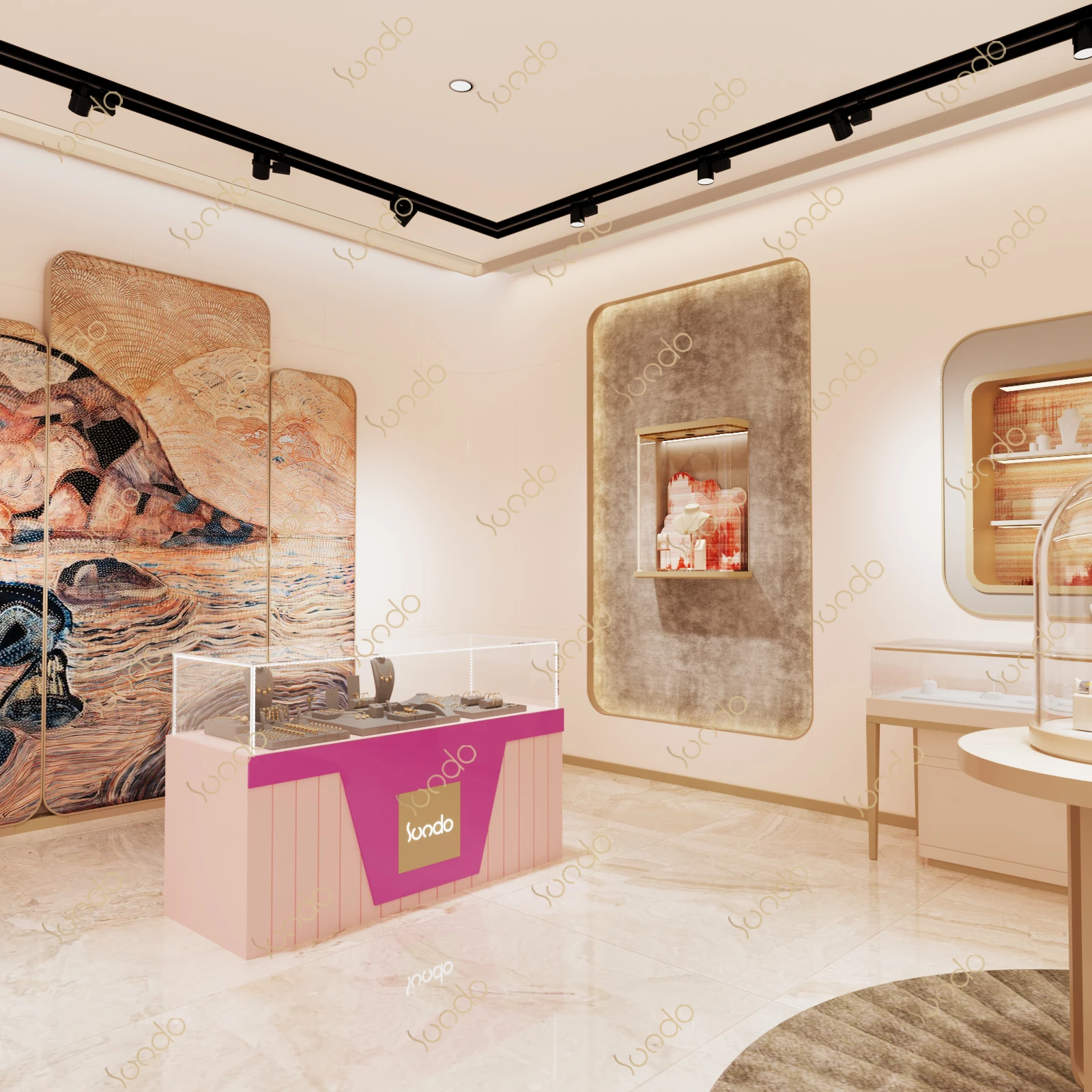 Luxury diamond watch jewelry shop showcase Wood custom logo jewellery display cabinet with led lights for Jewelry store design