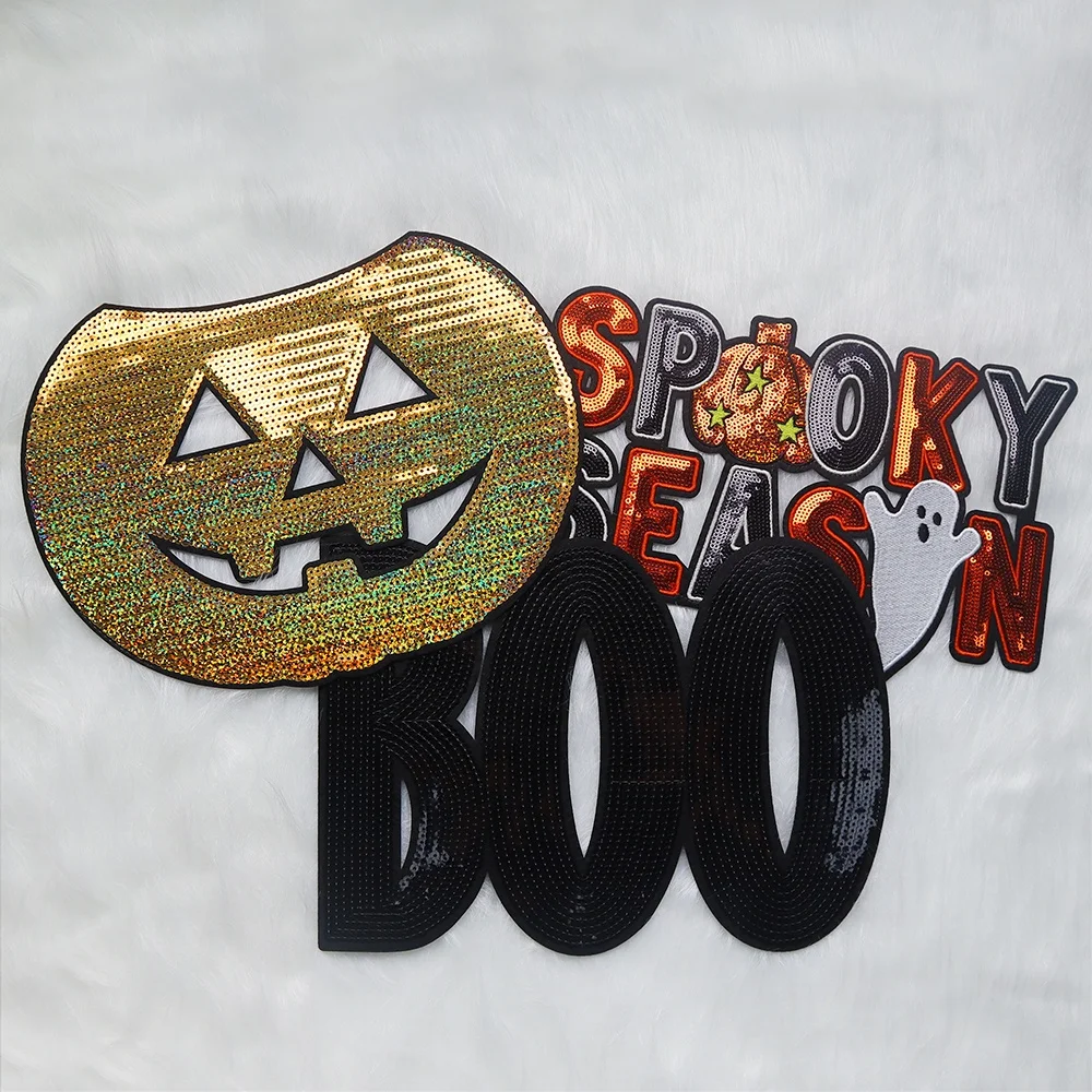 Wholesale Custom Sequin Boo Patches Iron On Halloween Sequin Patches Glitter Embroidery Letter For Clothing