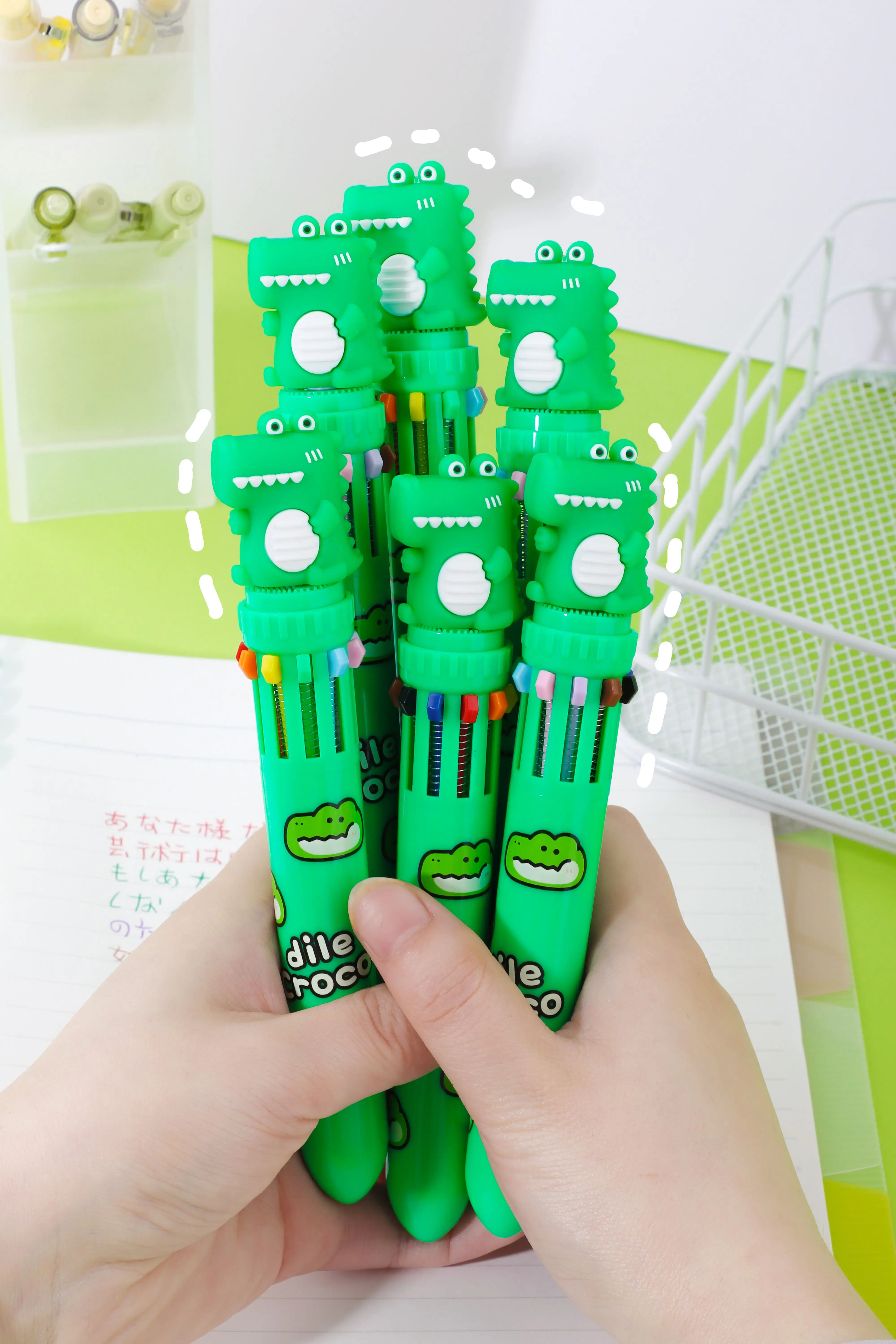 Kids kawaii cartoon green cute crocodile plastic multi 10 color ballpoint pen
