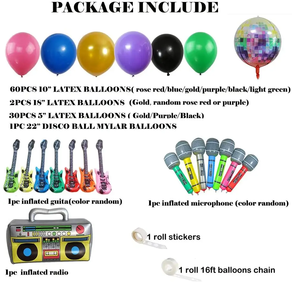 80S Vintage Theme Party 98 PCS Radio Guitar Balloons Arch Kit Colorful Microphone Disco Ball Balloon Garland Kit For Birthday