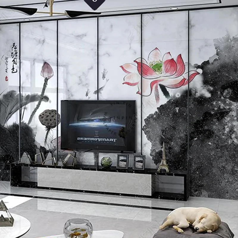 Chinese style lotus pond moonlight lotus ink painting mural vinyl wallpaper
