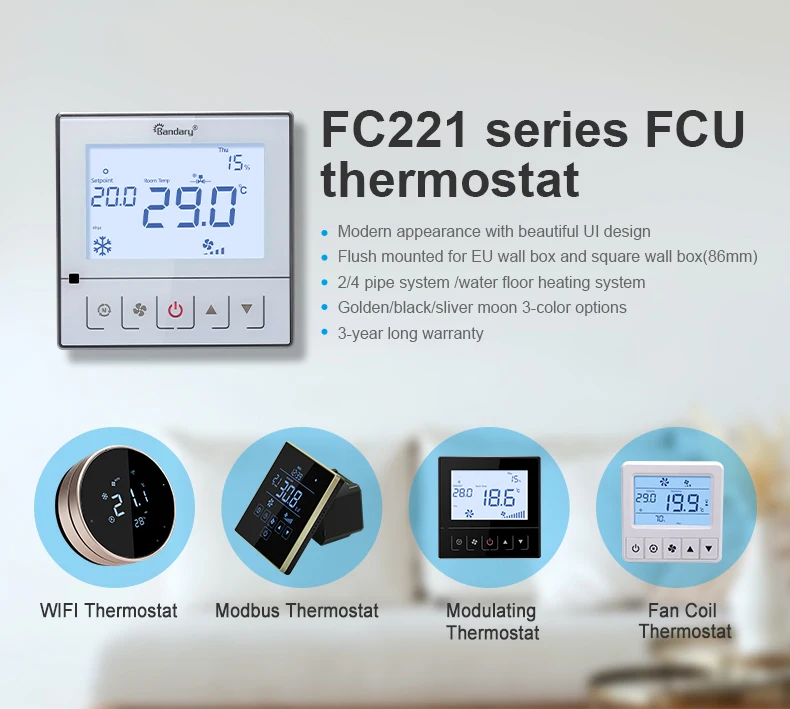 Bandary 220v 24volts 0-10v modbus thermostat havc fan coil smart digital room thermostat