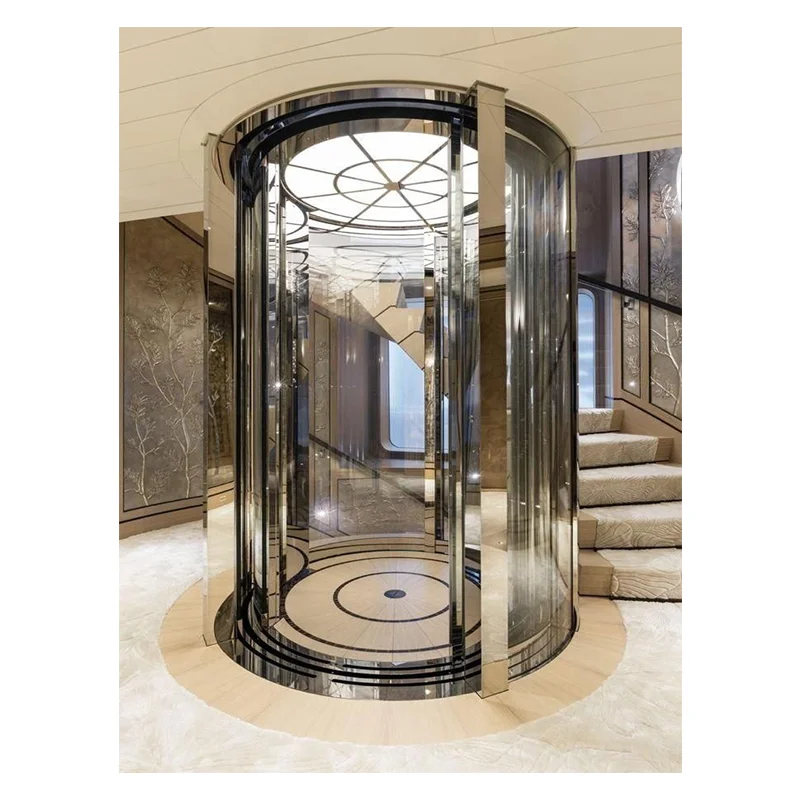 Manufacture Luxury Cabin Elevator Customized Home Lift Golden Circular Glass Panoramic Villa Elevator