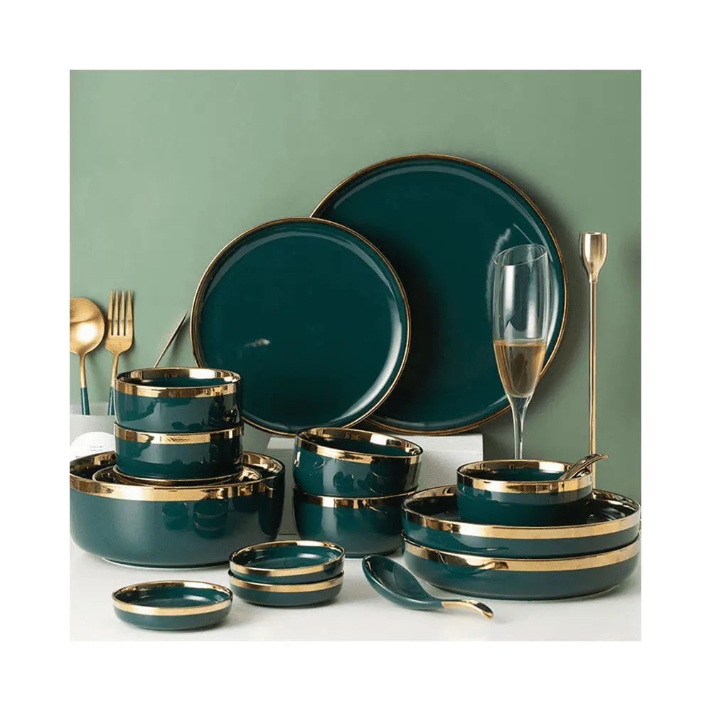 Porcelain Ceramic Tableware Set Dark Green Luxury Gold-Plated Soup Bowls Plates Spoons Home Use Wholesale Dinnerware