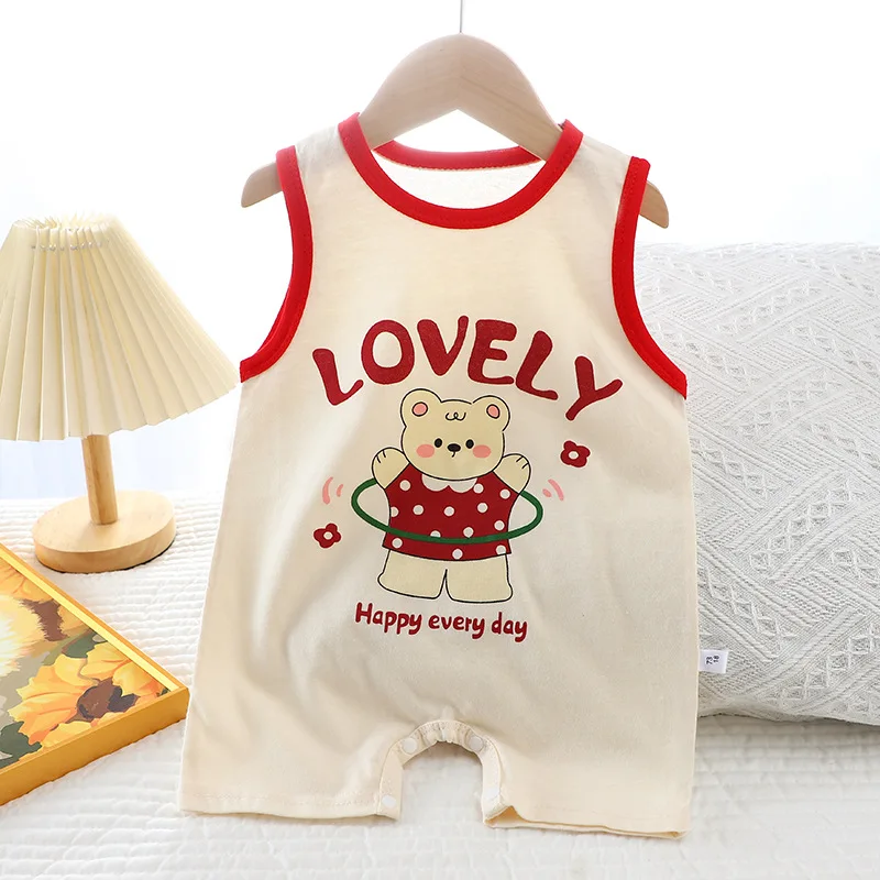 0-1Hot Sell Summer Baby Korean Version Fashion Romper Baby Cartoon Print Cute Cotton Romper Baby Sleeveless Button Thin Jumpsuit