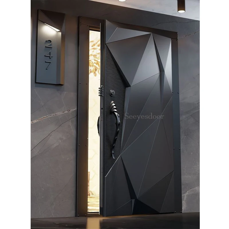 Modern Home Main Entrance Security Entry smart door lock with camera sidelight Aluminum Glass Pivot Door