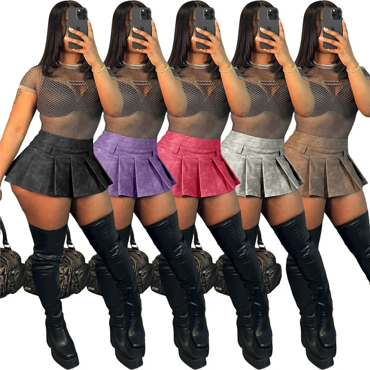 N8167-wholesale сексуальные мини плиссированные юбки черная кожаная юбка для женщин