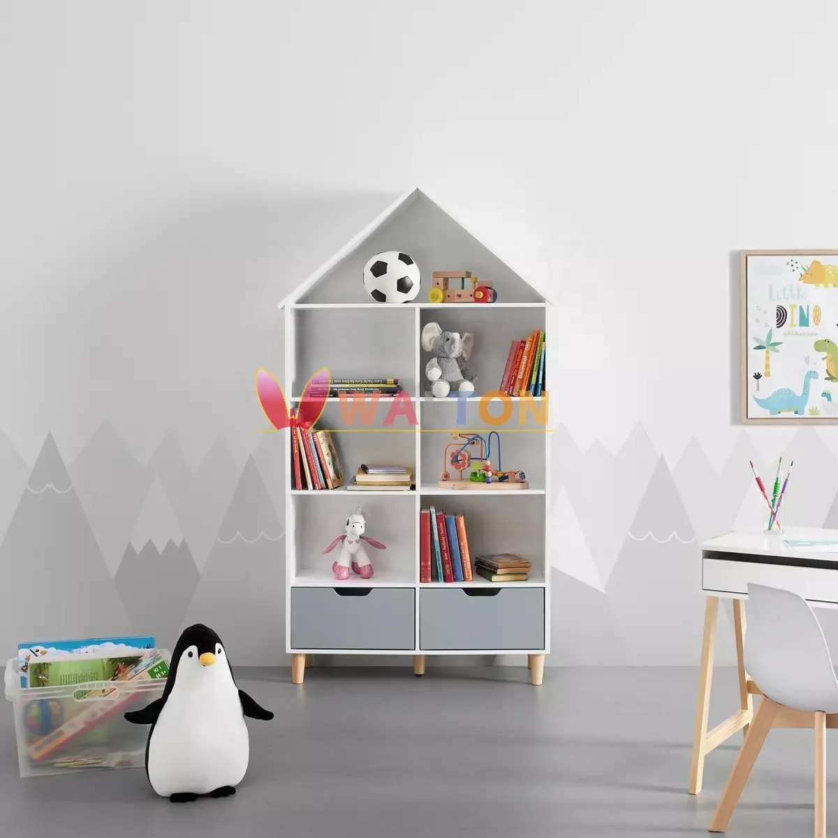 Kids Open Shelf Bookcase Floor Standing Bookcase Kids book organizer with 7 storage spaces and 2 drawers House Shaped Bookshelf