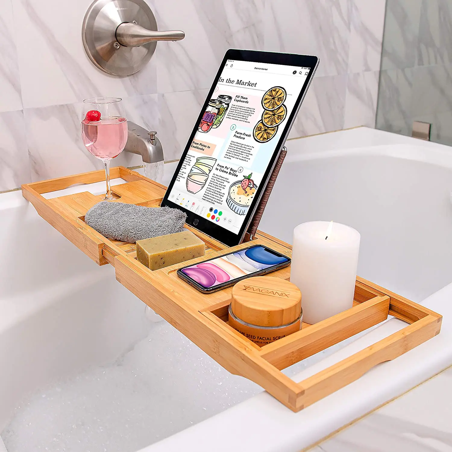 Bamboo Bathtub Tray Wooden Bath Tray Table with Extending Sides Reading Rack Tablet Holder Cellphone Tray, Wine Glass Holder