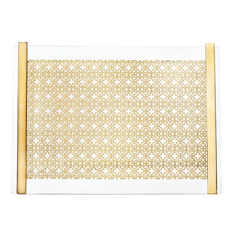 Acrylic Serving Tray Upscale Plexiglass Filigree Tray in Bright Brass with Metal Handles Tabletop Lucite Coffee Snacks Tray