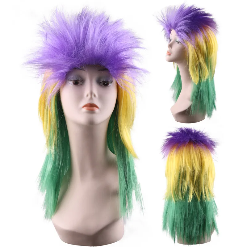 Women Girl Mardi Gras Party Costume Wig Purple Green and Yellow Colored Wavy Curly Cosplay Wig