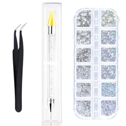 Crystals AB Nail Art Rhinestones Decorations Nail Stones for Nail Art with Pick Up Tweezer and Rhinestone Picker Dotting Pen