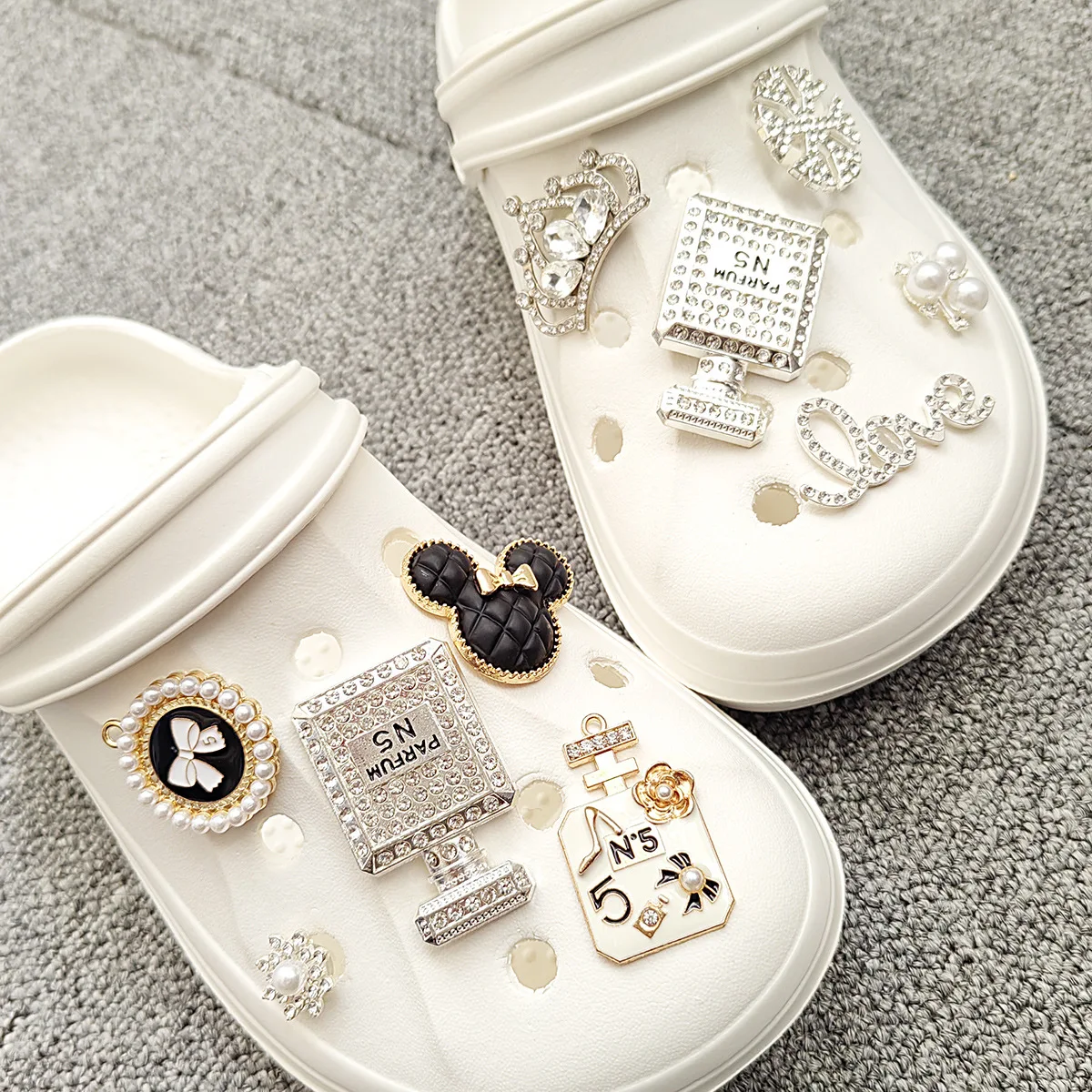 Silver khaki perfume bottle  shoe buckle accessories rhinestone crown love imitation pearl hole clogs charms slippers buckles