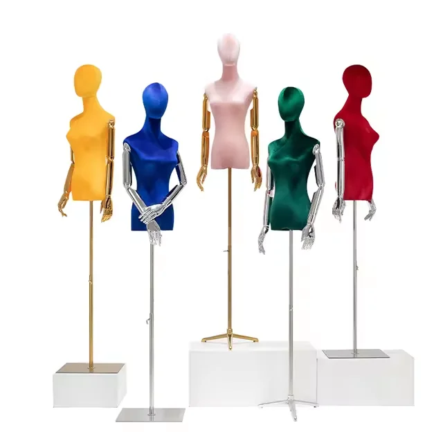 Luxury Velvet Female Mannequin with Gold Silver Arms Adjustable Half Body Wooden Mannequin for Clothing Display