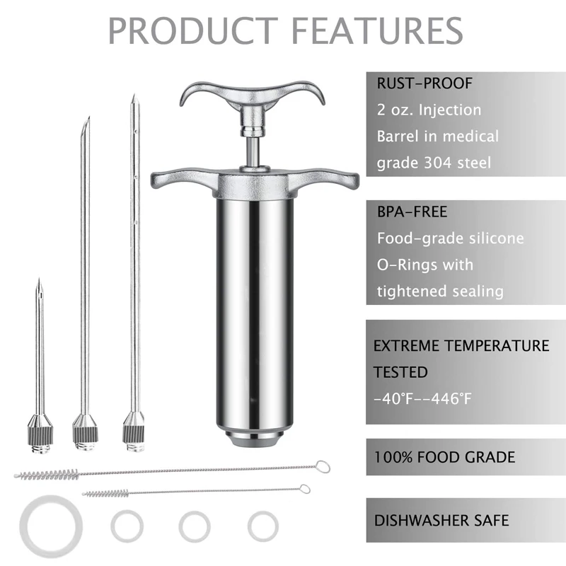 2 oz BBQ Meat Injector Syringe Seasoning Marinade Injector with 3Needles Kitchen 304 Stainless Steel Turkey Baster Meat Injector