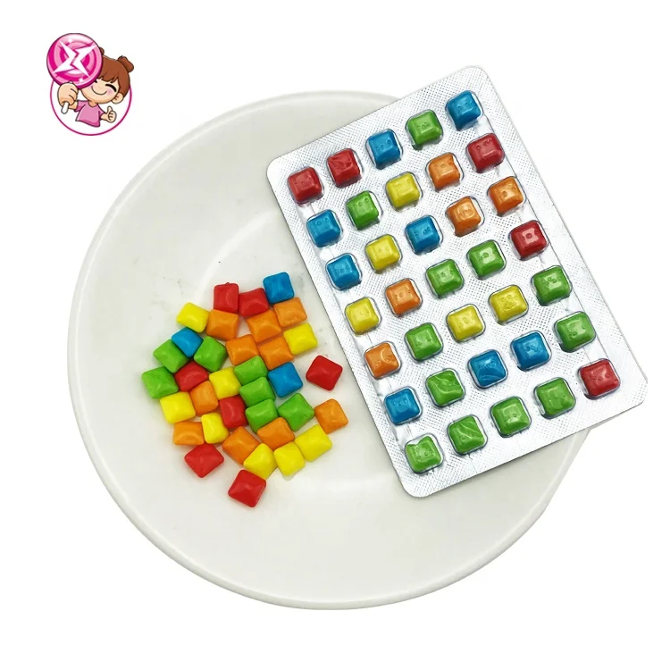 Mini pieces packed with square fruit flavors rainbow of multi-colored bubble gum gum and tattoo stickers