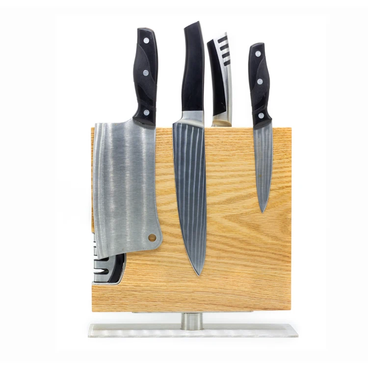 Заводской высококачественный дубовый магнитный держатель для ножей с магнитным держателем и точилкой для ножей с вращением на 360 градусов