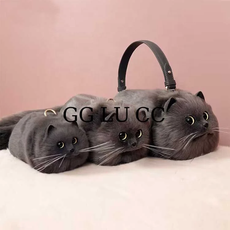 Ins Style Hot Sale Blue Cat Shape Bag Fashion Fur Crossbody Bags High Quality Lovely Women Handbags Ladies