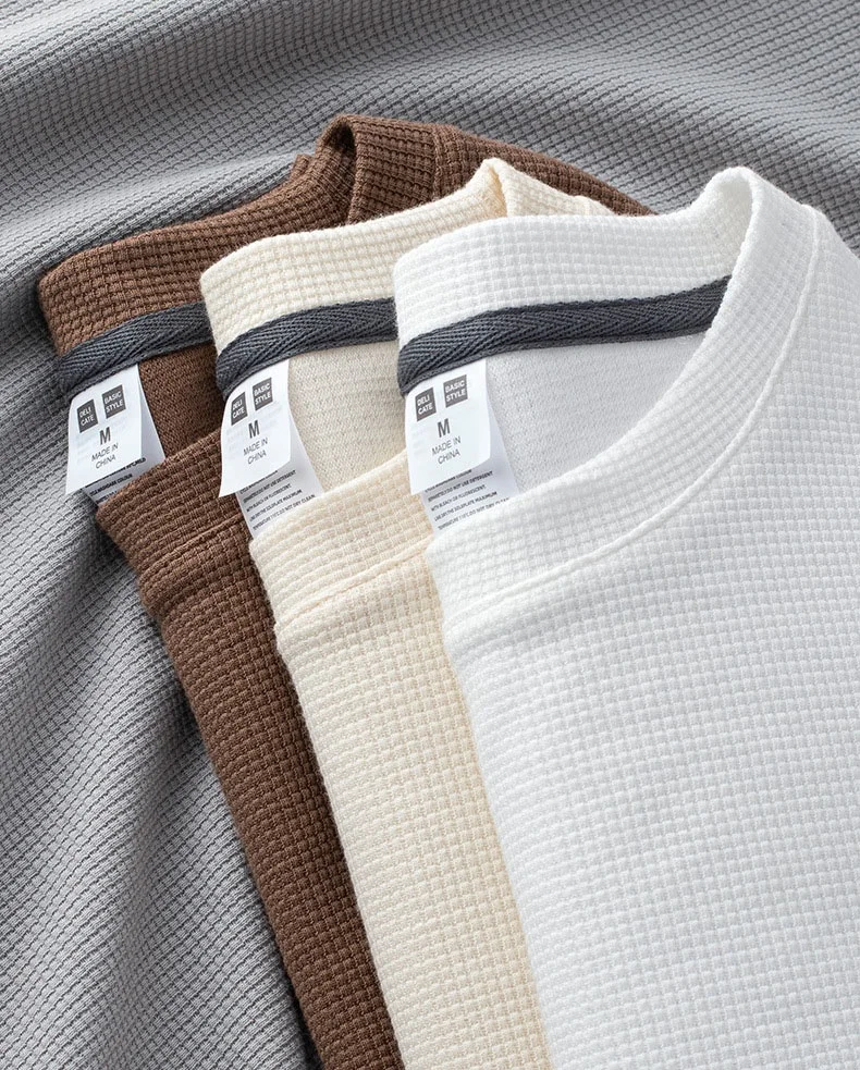 Long sleeve high quality cotton waffle knit t shirt custom waffle fabric heavyweight men shirt