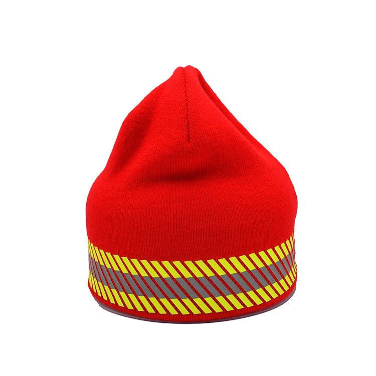 Wholesale Custom Reflective Striped Thinsulate Lined High Visibility Fluorescent Safety Knit Red Beanie Hat Cap
