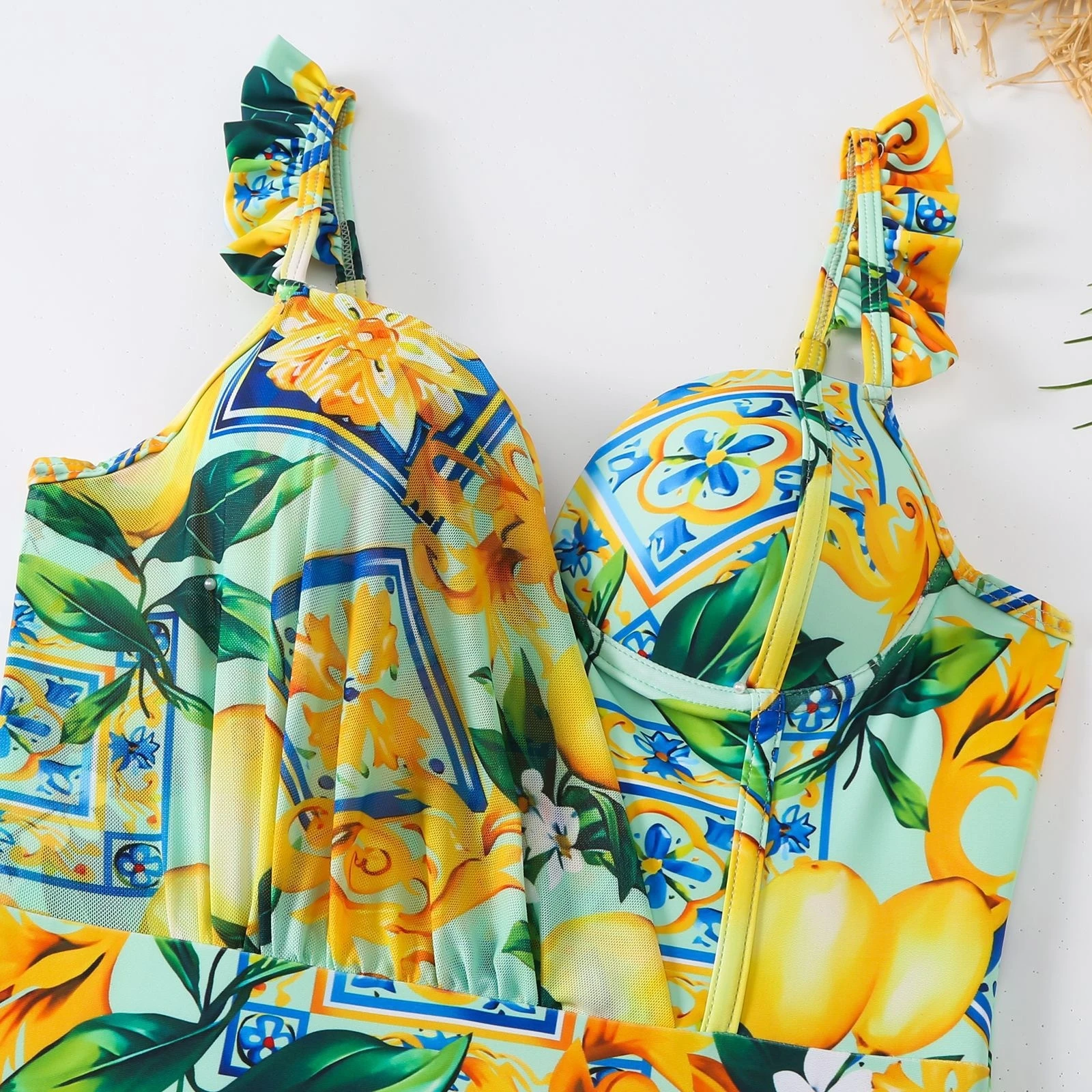 New French High Waist Print Deep V Neck Ruffle Bikini One Floral Beach Vacation Matching Swimsuit