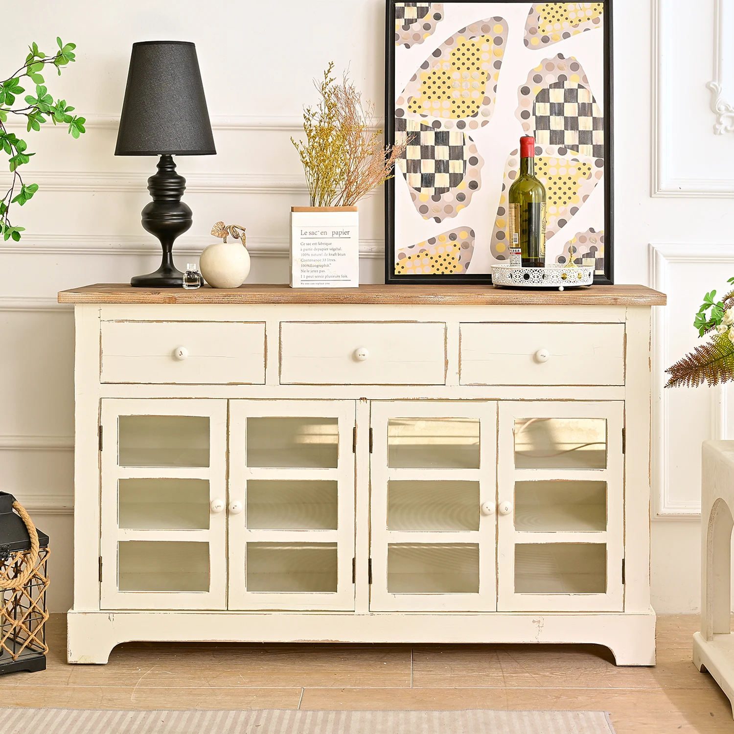 INNOVA Rustic Living Room Furniture 3-Drawer Wooden Cabinet with Glass Door White Color for Farmhouses and Modern Home Decor