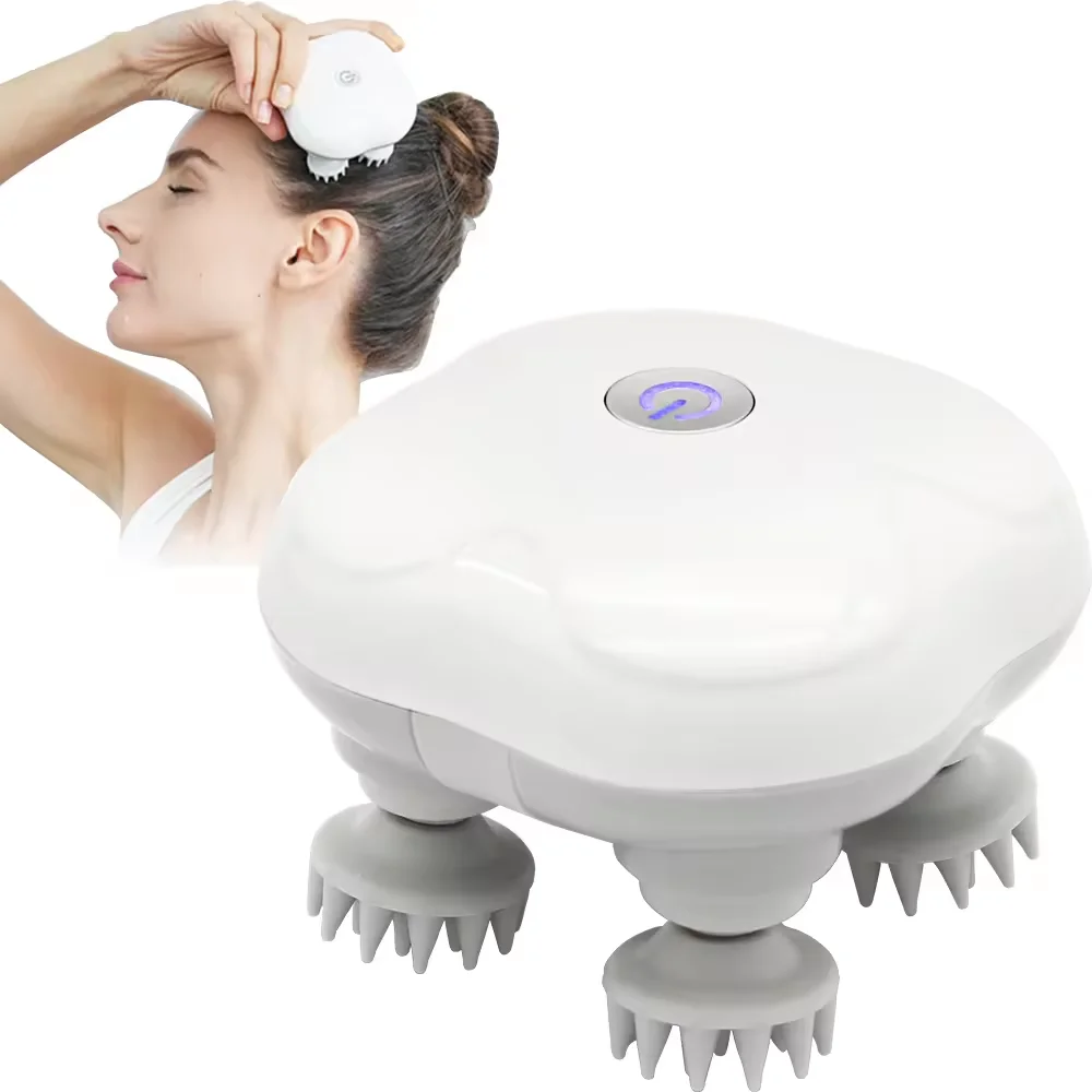 Head Massager Cordless Scalp Massager with 4 Kneading Heads 72 Nodes Portable Handheld Head Massager for Hair Growth
