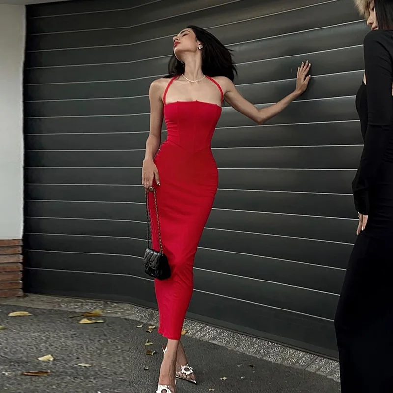 Elegant Chic Red Evening Party Wedding Long Dress Sexy Slim Waist-tied Half Open Collar Wrapped Hip Black Backless Strap Dress