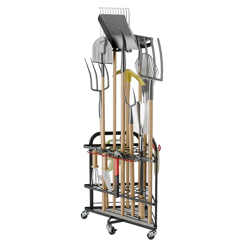 New Corner Garden Tool Storage Rack Movable Tool Organizer Rack Metal Garden Utility Rack With Wheels And Storage Hooks
