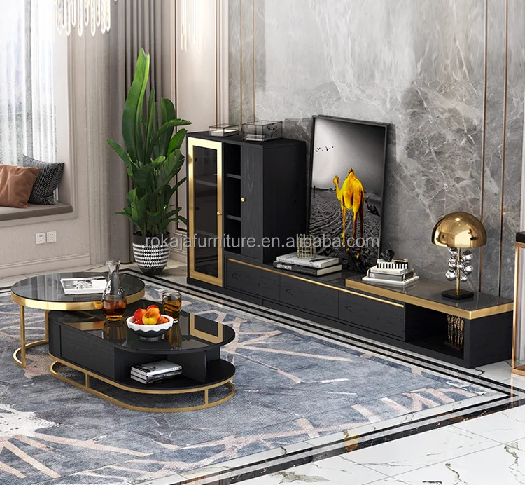 Modern Living Room Black Gold Slab Tv Stand Set Tempered Glass Oval Coffee Table Tv Stand Combo New Stainless Steel Tv Stand Set