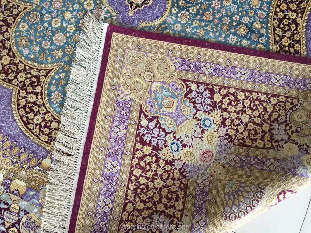 Purple Hand Knotted Kashmiri Oriental Pure Silk Indian Handmade Carpets for Sitting Room Bedroom