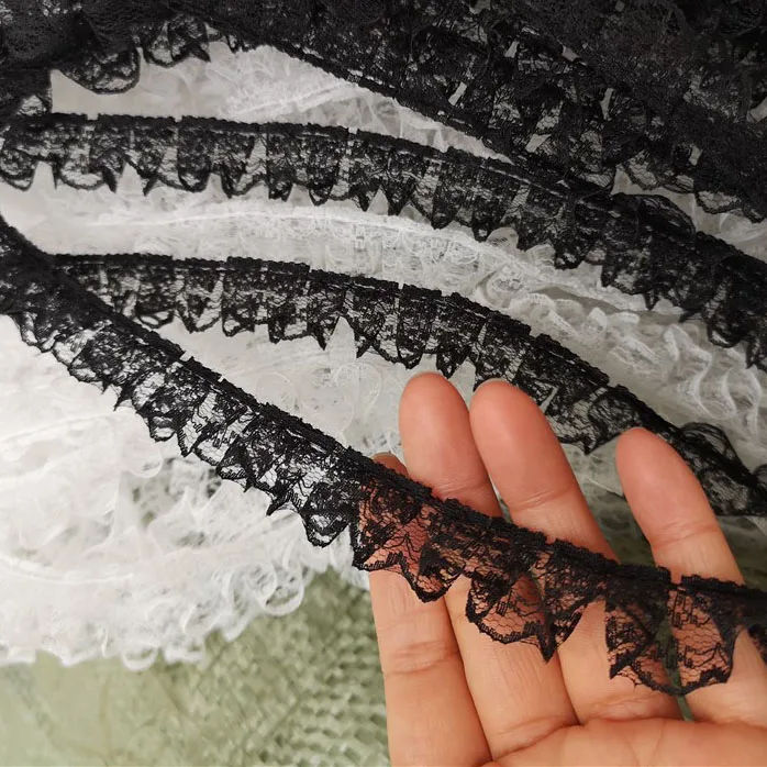 2CM Wide White Black Mesh Embroidery Fringe Ribbon Elastic Pleats Ruffle Trim Lace Applique Dress Collar Cuffs DIY Crafts Sewing