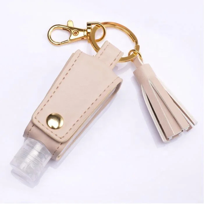 
2020 Hot Product Portable Leather and Tassels Collocation Custom Gel Hand Sanitizer Keychain Holder 
