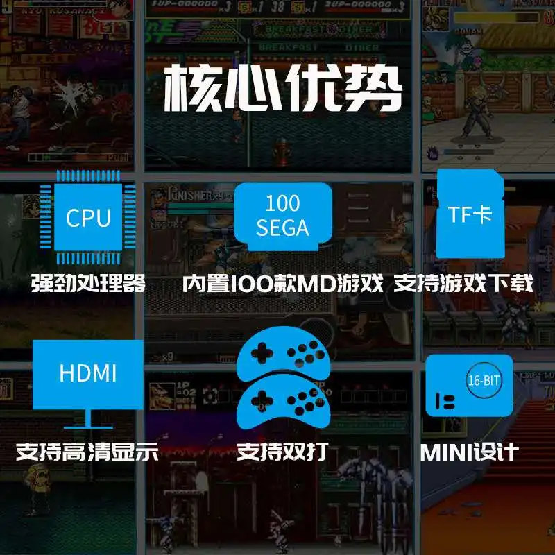 
HD16bit sega MD2 TF card built-in game 100 in 1, plug-in card dual handle video game console factory direct sales Double handle 