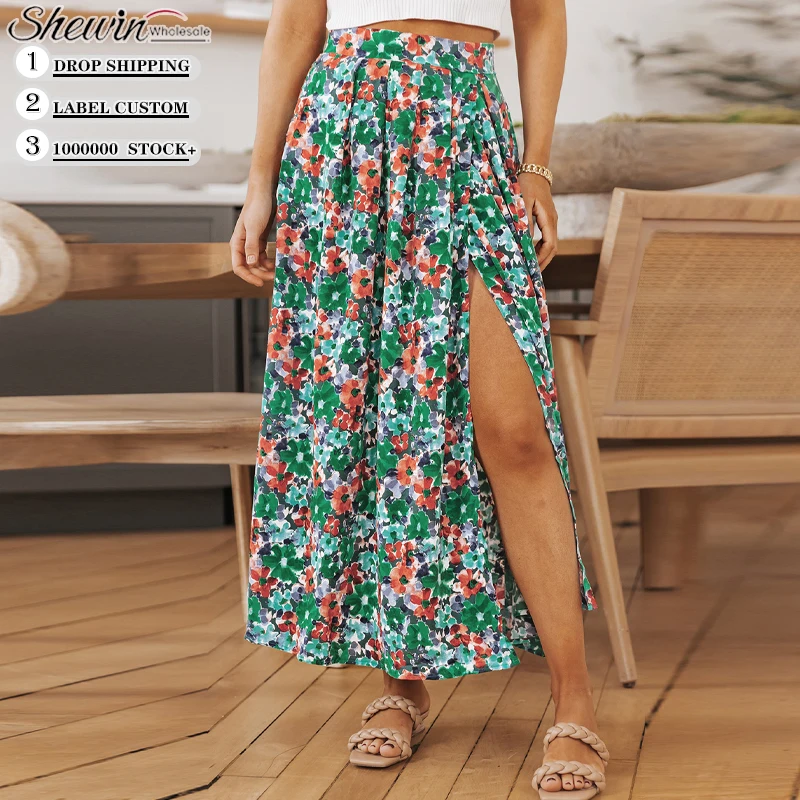 Wholesale Slit Bohemian Maxi Wrap Boho Skirt Pleated Floral Long Skirts For Women