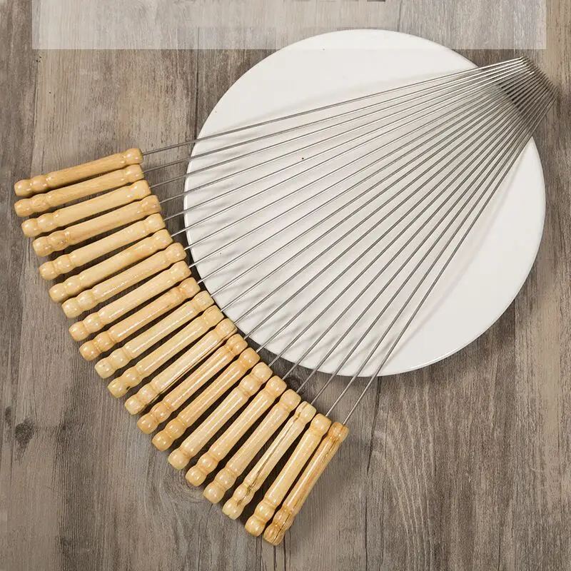 F1-358 Stainless Steel Needles wooden handle Grilling kebab Skewers Barbecue Roasting Sticks wood Bbq tools accessories skewers