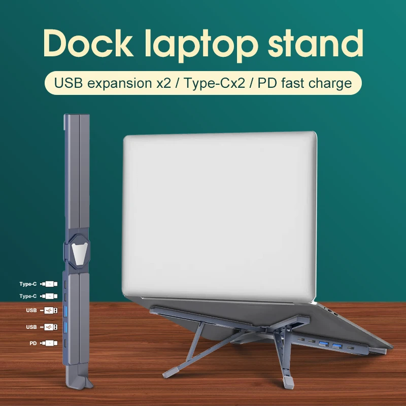 Aluminum Alloy Portable And Foldable Laptop Stand with 5 Port USB Hub Adjustable Laptop Riser