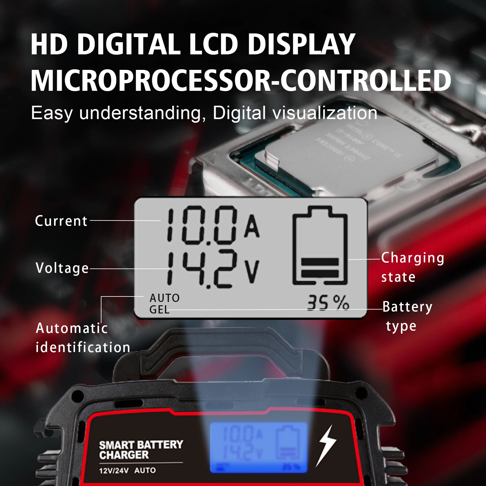 Fully Automatic Car Battery Charger 12/24V 8A Touch Screen Pulse Repair LCD Fast Power Charging Wet Dry Lead Acid Battery