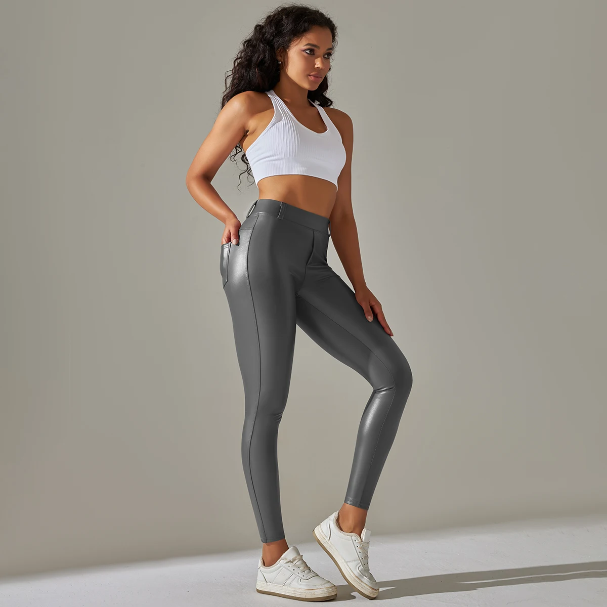 Manufacturer Wholesale Women Shiny Casual PU Leather Leggings Sexy Girls Solid High Waist Custom Logo Pockets Outdoor Pants