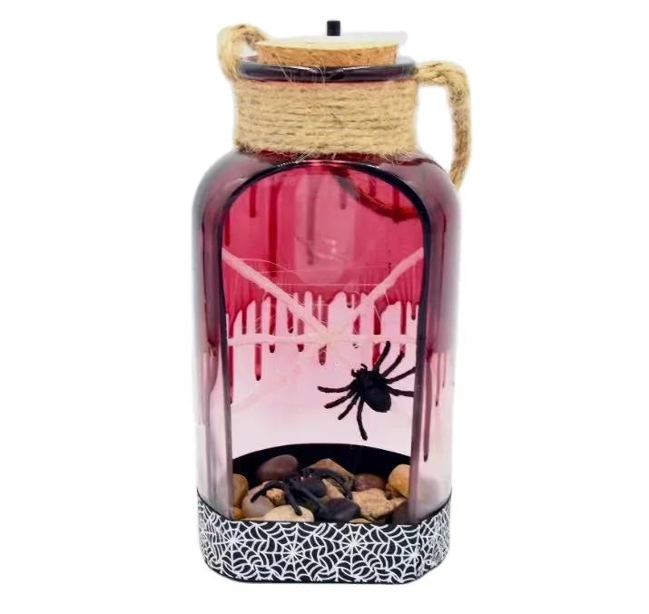 Customized processing Halloween decorative props LED glowing glass jar spider bat hanging ghost skeleton