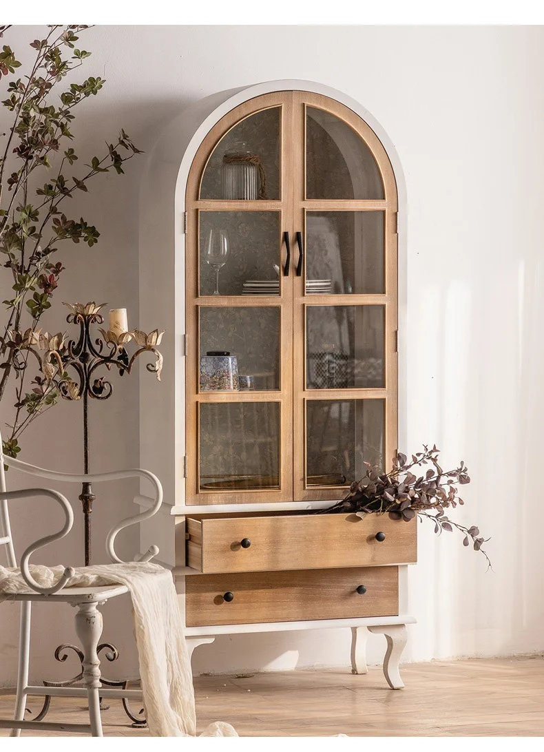 France style retro arched against the wall 2 glass door livingroom sideboard wood furniture storage cabinet