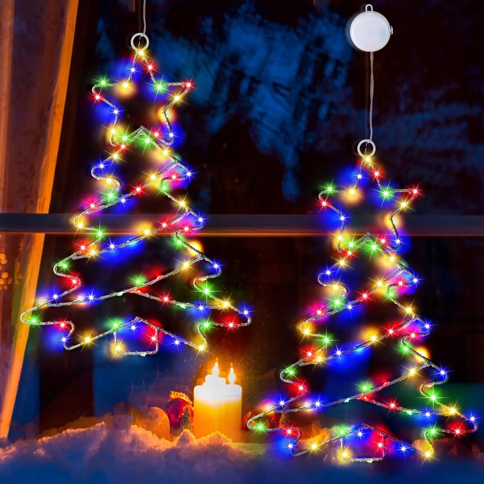 Indoor Fireplace Outdoor Battery Powered Christmas Tree Lights Metal Framed Hanging Christmas Window Lights with Suction Cup
