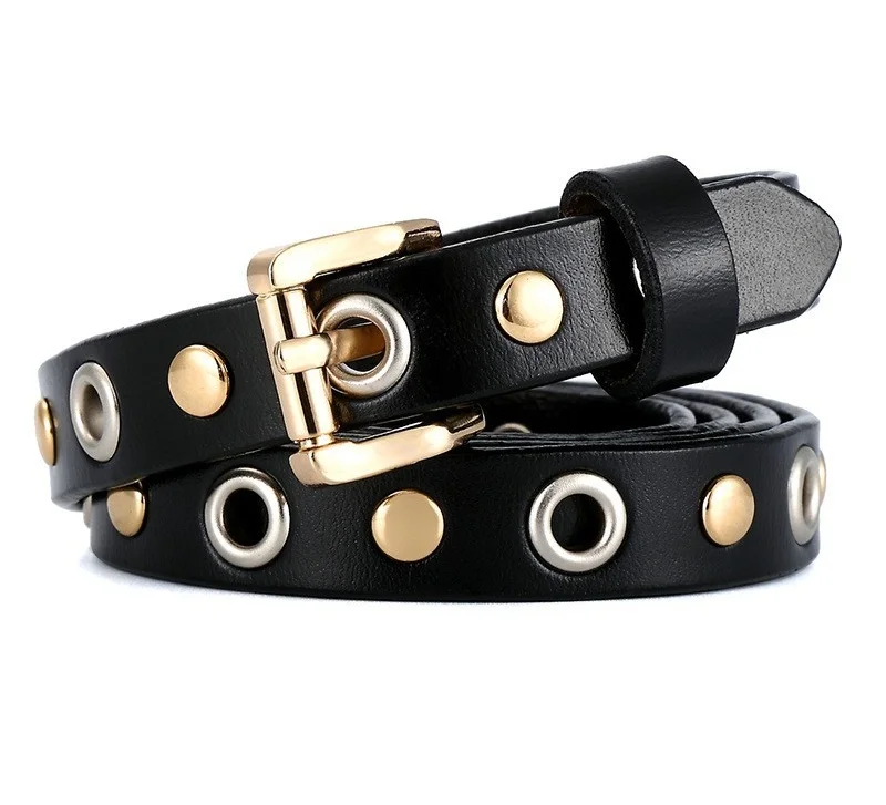 New Casual Leather Holes Genuine Leather Rivet Belt Punk Style Vintage Western Studded Belts with Roller Belt Buckle