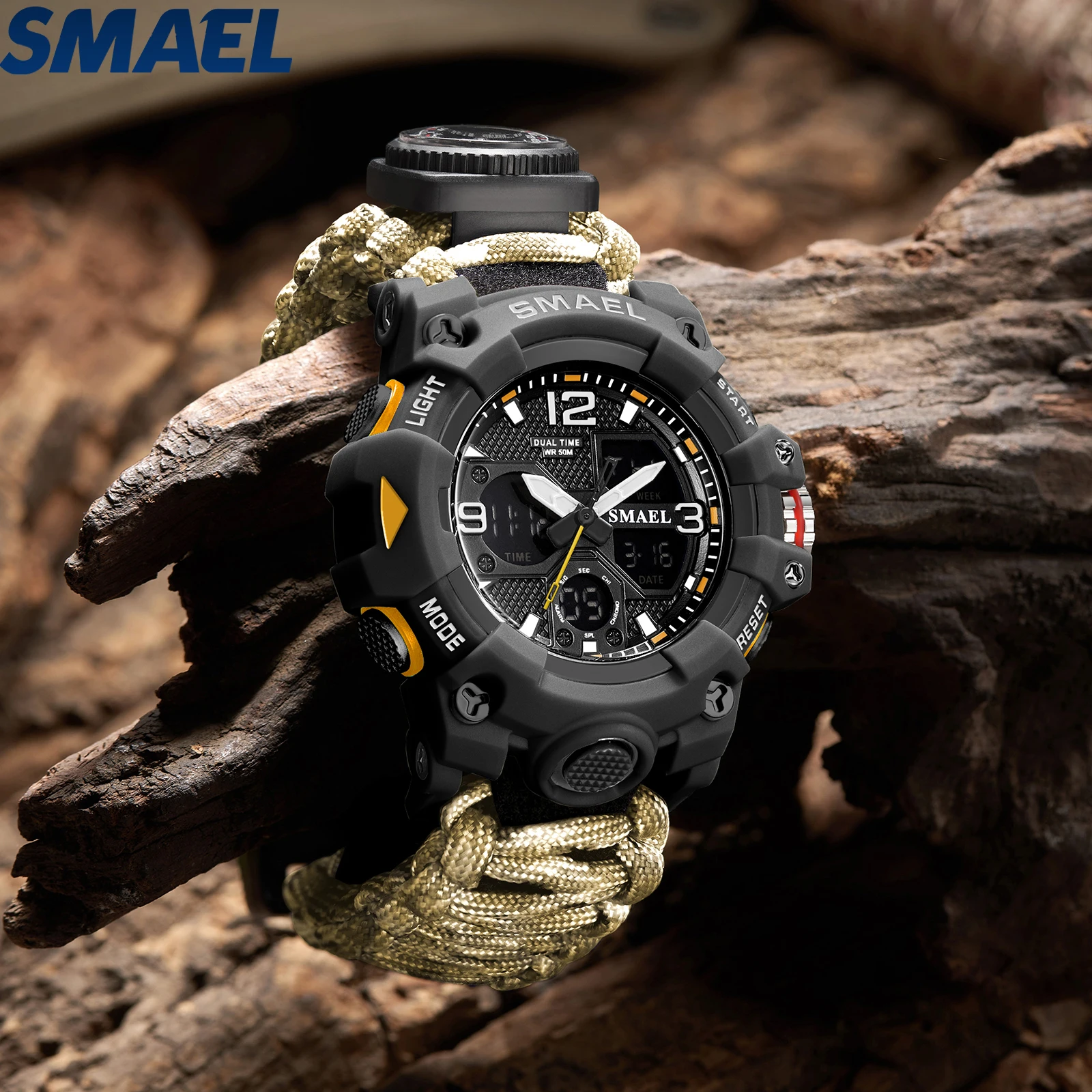 SMAEL Outdoor Survival Nylon Watch Emergency Timing Whistle Compass Thermometer Ignition Alarm Clock Stop Survival Sports Watch