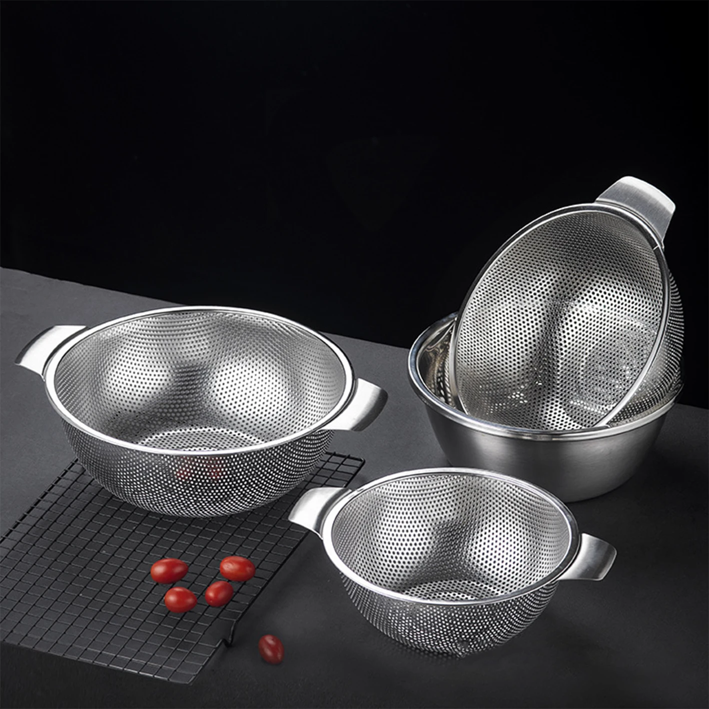 Stainless Steel Keranjang saringan Fine Mesh Ayak Mencuci Beras Thickened Round Vegetable Colander Kitchen Home Use Gio giat com